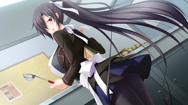 Anime picture 1024x576 with soukoku no arterial long hair blush open mouth black hair red eyes wide image game cg ponytail looking back cooking girl skirt uniform school uniform miniskirt apron