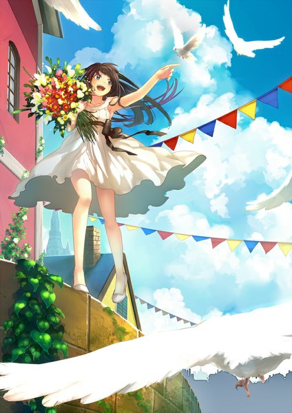 Anime picture 706x1000 with original sekka koyori single long hair tall image blush open mouth blue eyes black hair sky cloud (clouds) girl dress flower (flowers) bow plant (plants) animal bird (birds) sundress bouquet