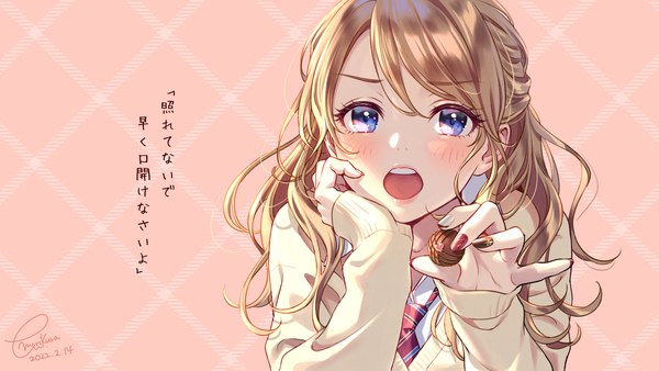 Anime-Bild 1920x1080 mit original morikura en single long hair looking at viewer blush highres open mouth blue eyes blonde hair wide image signed upper body long sleeves nail polish text dated sleeves past wrists pink background valentine