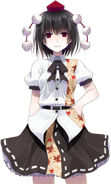 Anime picture 805x1330 with touhou shameimaru aya crote single tall image looking at viewer short hair black hair red eyes light smile hand on hip transparent background girl dress hat mini hat pom pom (clothes) mini top hat