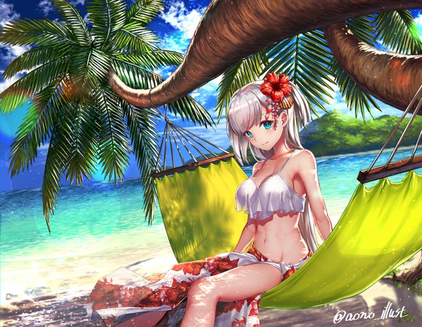 Anime picture 1500x1163 with azur lane shoukaku (azur lane) aono meri single long hair looking at viewer blush fringe breasts blue eyes light erotic sitting signed sky cleavage silver hair cloud (clouds) outdoors hair flower light smile