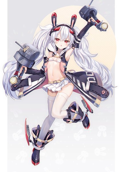 Anime picture 1578x2220 with azur lane laffey (azur lane) abandon ranka single tall image looking at viewer blush fringe breasts open mouth light erotic simple background hair between eyes red eyes standing twintails holding animal ears payot full body