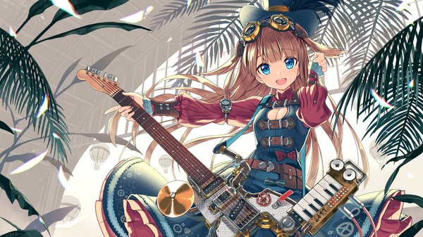 Anime picture 1920x1080 with original kurobuta gekkan single long hair looking at viewer fringe highres breasts open mouth blue eyes smile brown hair wide image twintails holding cleavage outdoors blunt bangs long sleeves head tilt