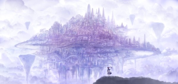 Anime picture 1710x810 with original bounin long hair highres black hair wide image sky cloud (clouds) ponytail scenic floating island dress ribbon (ribbons) hair ribbon castle island