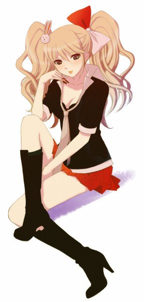 Anime picture 500x1044 with dangan ronpa enoshima junko single long hair tall image looking at viewer blush fringe blue eyes blonde hair simple background white background sitting twintails cleavage full body nail polish fingernails wavy hair long fingernails