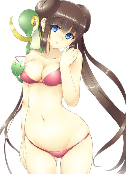 Anime picture 1280x1759 with pokemon nintendo rosa (pokemon) snivy aogu (artist) single long hair tall image looking at viewer blue eyes light erotic black hair simple background white background twintails ass visible through thighs gen 5 pokemon girl navel swimsuit