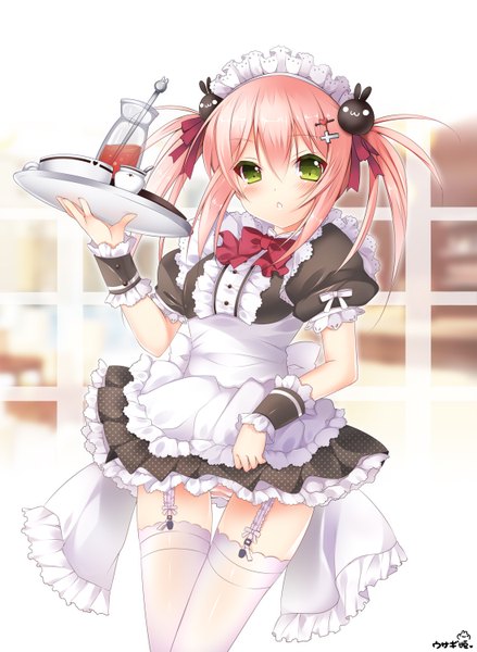 Anime picture 1097x1500 with original usagihime tall image blush short hair light erotic standing twintails green eyes pink hair :o maid pantyshot zettai ryouiki puffy sleeves thigh gap short twintails girl thighhighs hair ornament