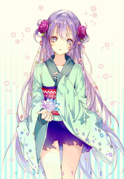 Anime picture 591x850 with merc storia tsurara (merc storia) kinokohime single tall image looking at viewer blush fringe purple eyes purple hair very long hair traditional clothes japanese clothes hair flower copyright name torn clothes floral background girl flower (flowers) flower (symbol)