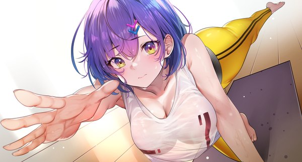Anime picture 3940x2124 with original teddy (khanshin) single looking at viewer blush fringe highres short hair breasts light erotic hair between eyes wide image large breasts yellow eyes absurdres purple hair barefoot sweat outstretched arm wet clothes