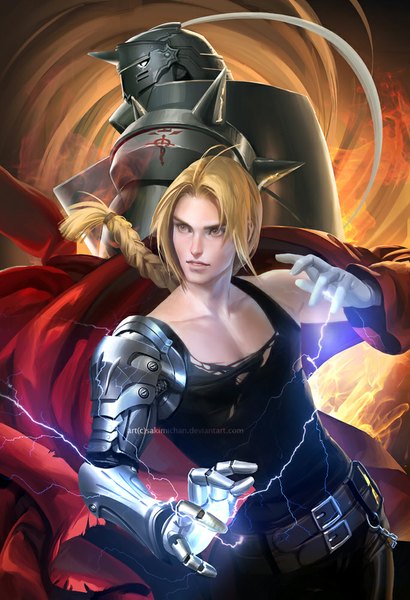 Anime picture 684x1000 with fullmetal alchemist studio bones edward elric alphonse elric sakimichan long hair tall image blonde hair brown eyes yellow eyes braid (braids) realistic open clothes open jacket magic single braid siblings electricity brothers knight