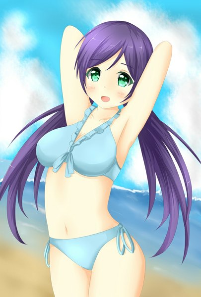 Anime picture 675x1000 with love live! school idol project sunrise (studio) love live! toujou nozomi tear yu single long hair tall image looking at viewer fringe breasts large breasts twintails green eyes sky purple hair cloud (clouds) armpit (armpits) low twintails arms behind head