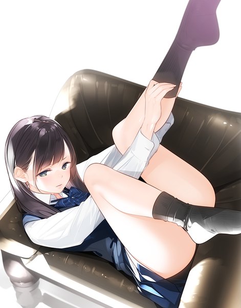 Anime picture 865x1100 with original ama mitsuki single long hair tall image looking at viewer blush fringe light erotic black hair simple background white background green eyes bent knee (knees) lying long sleeves on back leg up convenient leg dressing