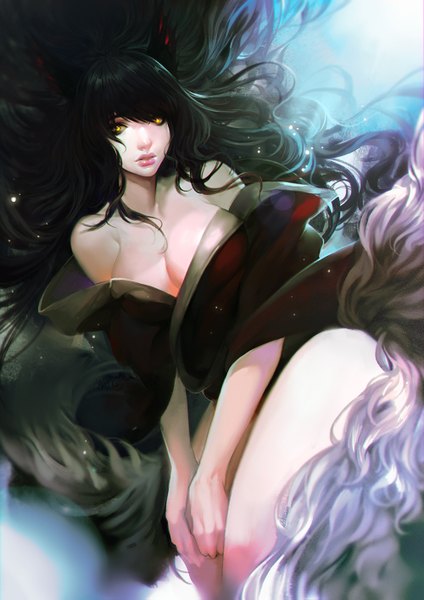 Anime picture 1000x1415 with league of legends ahri (league of legends) miyako (pixiv) single long hair tall image breasts light erotic black hair large breasts sitting bare shoulders animal ears yellow eyes tail traditional clothes parted lips japanese clothes animal tail lips