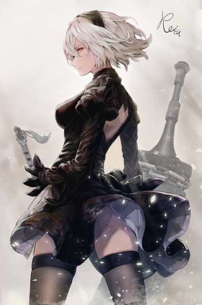 Anime picture 1003x1513 with nier nier:automata yorha no. 2 type b hoshizaki reita single tall image fringe short hair breasts light erotic simple background hair between eyes standing signed yellow eyes looking away white hair profile from behind puffy sleeves