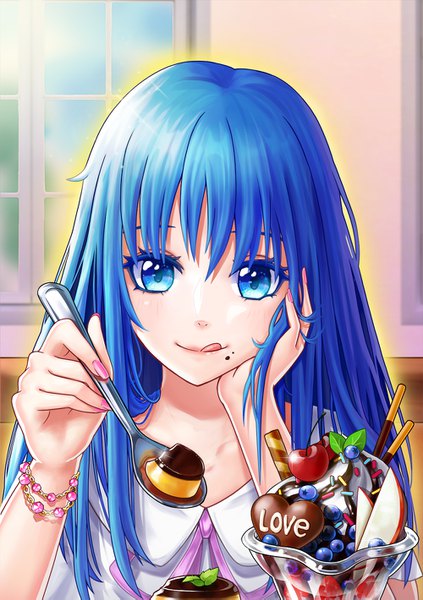 Anime picture 1000x1419 with saiki kusuo no psi nan teruhashi kokomi zero-han single long hair tall image looking at viewer blush fringe blue eyes smile holding blue hair upper body indoors nail polish sparkle lipstick pink lipstick pink nail polish