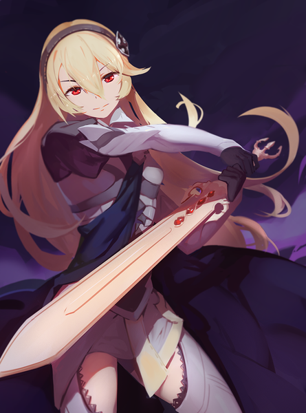 Anime picture 742x1000 with fire emblem corrin (fire emblem) corrin (female) (fire emblem) 3four truc bui single long hair tall image looking at viewer fringe blonde hair smile red eyes holding shadow outstretched arm girl thighhighs gloves weapon