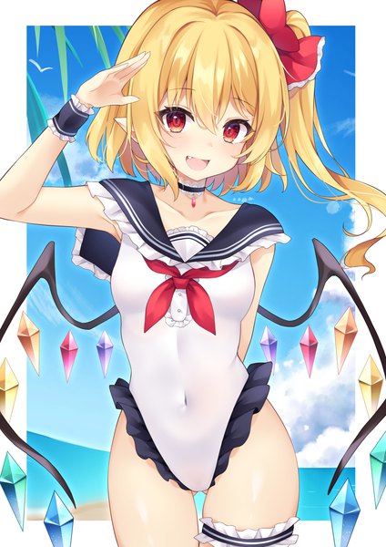 Anime picture 2894x4093 with touhou flandre scarlet sisterakuma single tall image fringe highres short hair open mouth light erotic blonde hair hair between eyes red eyes standing sky cloud (clouds) :d pointy ears fang (fangs) one side up