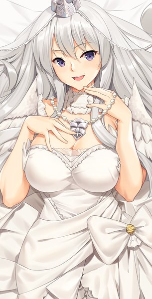 Anime picture 509x1000 with azur lane enterprise (azur lane) enterprise (starlight oath) (azur lane) tony guisado single long hair tall image looking at viewer blush fringe breasts open mouth light erotic smile hair between eyes large breasts purple eyes lying :d from above