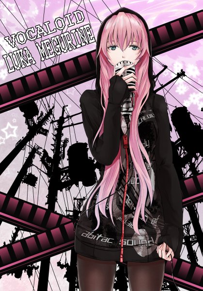 Anime picture 839x1200 with vocaloid megurine luka mille (dieci) single long hair tall image fringe standing holding pink hair aqua eyes inscription alternate costume lightning girl flower (flowers) pantyhose hood microphone