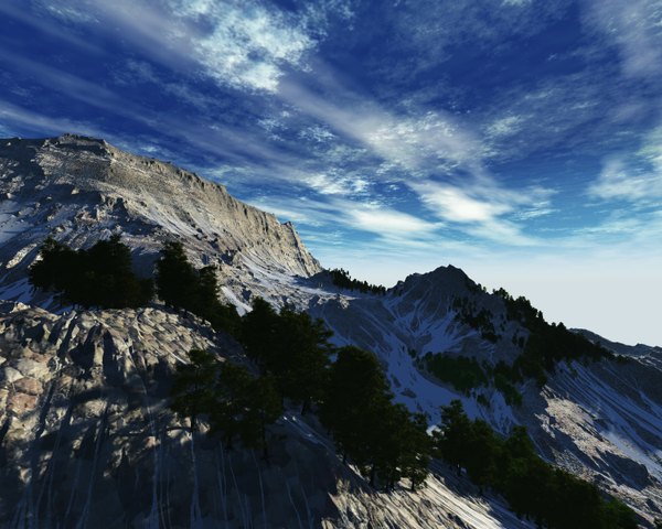 Anime picture 1500x1200 with original trbrchdm sky cloud (clouds) shadow snow mountain scenic plant (plants) tree (trees)
