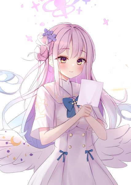 Anime picture 4736x6672 with blue archive mika (blue archive) pu lona single long hair tall image blush highres smile yellow eyes looking away pink hair absurdres hair flower hair bun (hair buns) white wings low wings girl dress flower (flowers)