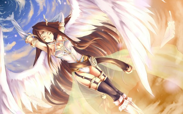 Anime picture 1000x625 with venus & braves tagme (character) akkijin single long hair breasts light erotic brown hair wide image large breasts eyes closed armpit (armpits) angel wings girl thighhighs gloves black thighhighs elbow gloves bracelet belt