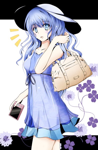 Anime picture 1164x1773 with original fuoco single long hair tall image open mouth blue eyes blue hair adjusting hair walking surprised girl dress flower (flowers) hat bag mobile phone phone