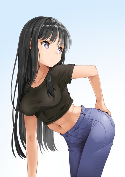 Anime picture 850x1204 with original murata taichi single long hair tall image fringe breasts light erotic black hair simple background standing purple eyes looking away short sleeves midriff leaning leaning forward hand on hip gradient background turning head