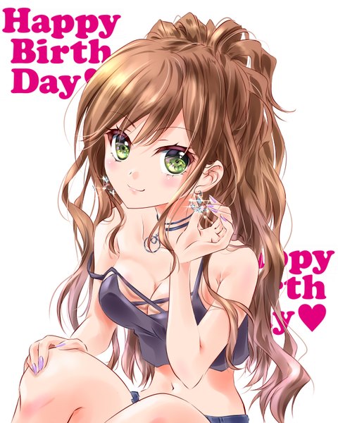 Anime picture 640x800 with bang dream! imai lisa tachibana tou single long hair tall image looking at viewer blush fringe breasts simple background smile hair between eyes brown hair white background bare shoulders green eyes payot cleavage bent knee (knees)