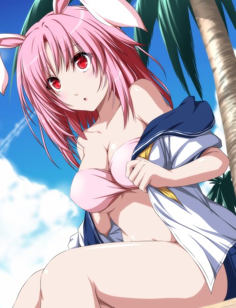 Anime picture 1273x1660 with original nori tamago single long hair tall image breasts open mouth light erotic red eyes sitting animal ears pink hair sky cloud (clouds) bunny ears girl navel swimsuit plant (plants) tree (trees)