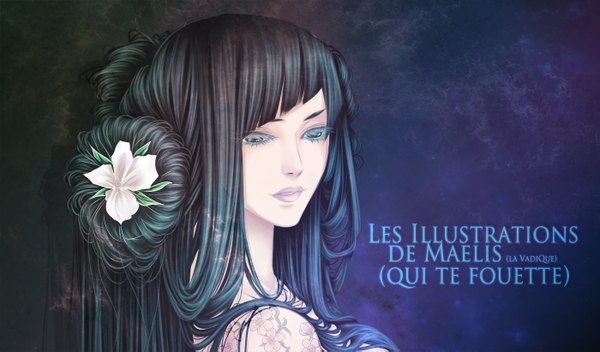 Anime picture 1399x821 with m-aelis single long hair black hair wide image hair flower lips black eyes tattoo girl hair ornament flower (flowers)