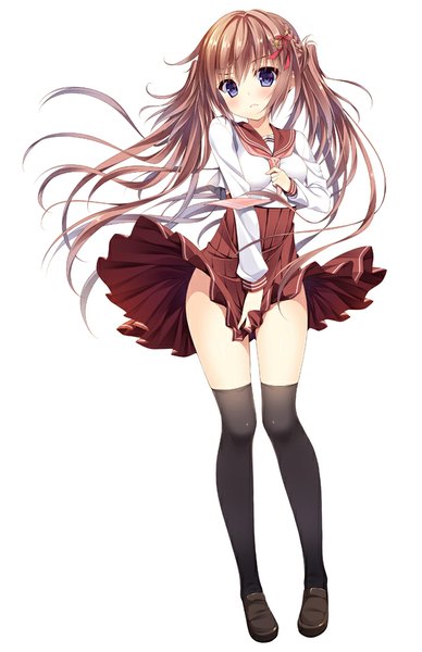 Anime picture 637x985 with original futaba miwa single long hair tall image looking at viewer blush fringe breasts blue eyes light erotic simple background brown hair white background twintails holding pleated skirt wind embarrassed girl
