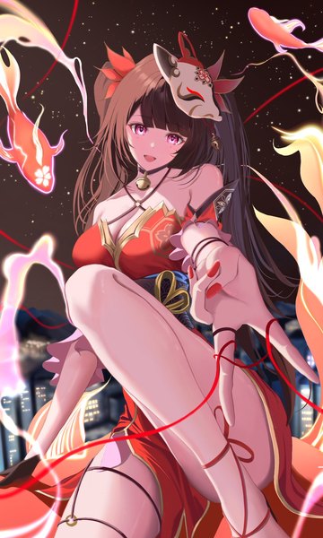 Anime picture 1229x2048 with honkai: star rail honkai (series) sparkle (honkai: star rail) tsukkun single long hair tall image looking at viewer fringe breasts open mouth light erotic smile brown hair twintails bare shoulders payot cleavage blunt bangs nail polish