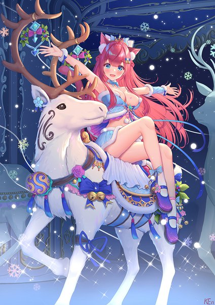 Anime picture 848x1200 with virtual youtuber indie virtual youtuber kosuzu hisae ken-san single long hair tall image looking at viewer blush fringe breasts open mouth blue eyes light erotic smile large breasts sitting signed animal ears pink hair