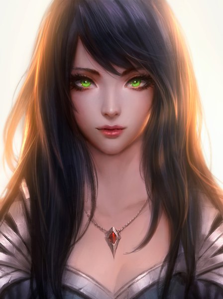 Anime-Bild 1122x1500 mit original chaosringen single long hair tall image looking at viewer fringe breasts black hair simple background smile hair between eyes green eyes cleavage upper body parted lips lips realistic lipstick portrait