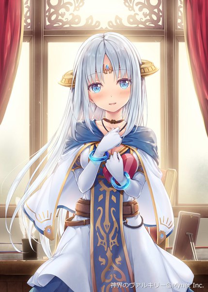 Anime picture 643x900 with shinkai no valkyrie oracle (shinkai no valkyrie) akkijin single long hair tall image looking at viewer blush blue eyes cleavage silver hair indoors sunlight copyright name valentine girl dress gloves choker elbow gloves