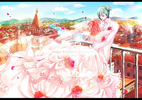 Anime picture 1282x906 with uta no prince-sama a-1 pictures nanami haruka (uta no prince-sama) mikaze ai kamoto milonga short hair smile standing sky cloud (clouds) eyes closed green hair from behind orange hair aqua hair couple character names hug back city