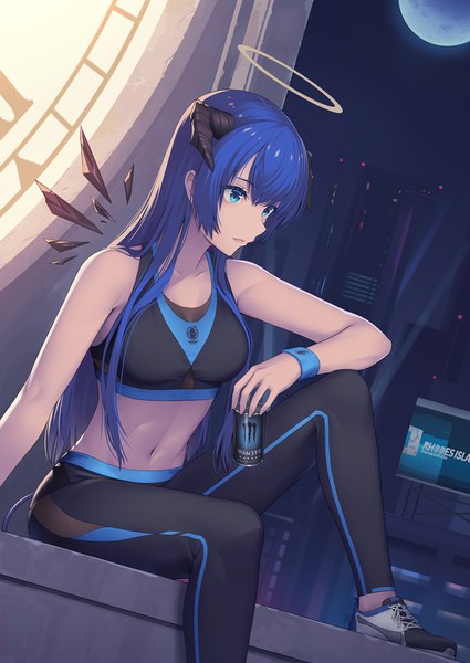 Anime picture 1120x1580 with arknights monster energy mostima (arknights) athrun1120 single long hair tall image fringe breasts blue eyes sitting bare shoulders holding blue hair looking away bent knee (knees) outdoors horn (horns) night midriff