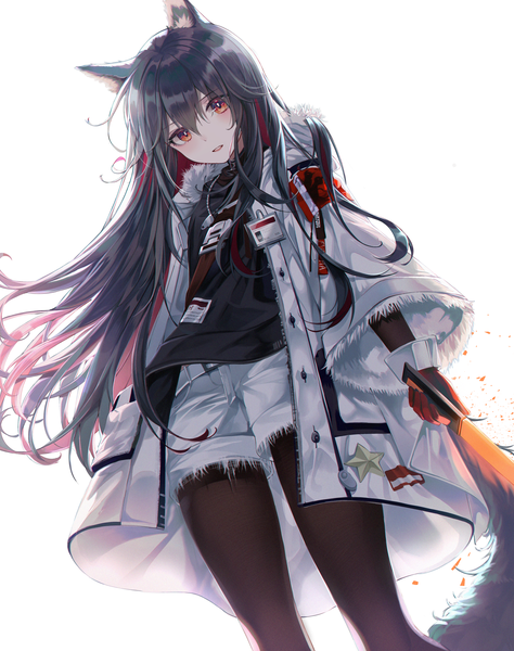 Anime picture 2980x3768 with arknights texas (arknights) texas (winter messenger) (arknights) buri (retty9349) single long hair tall image looking at viewer blush fringe highres open mouth black hair simple background hair between eyes standing white background holding animal ears red hair