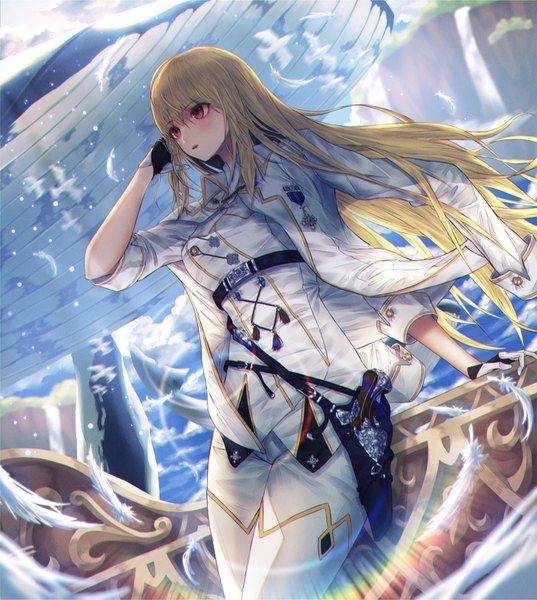 Anime picture 1432x1600 with original dlwhdals901 single long hair tall image blush fringe open mouth blonde hair hair between eyes red eyes standing looking away sky cloud (clouds) outdoors arm up wind arm support adjusting hair