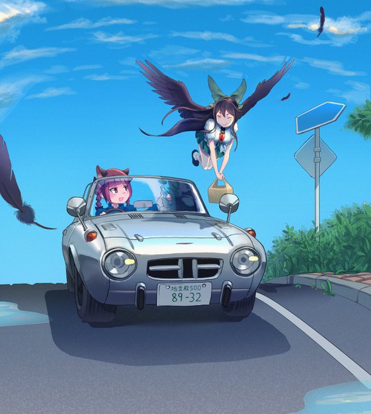 Anime-Bild 2306x2571 mit touhou toyota reiuji utsuho kaenbyou rin joeychen long hair tall image fringe highres open mouth smile red eyes brown hair multiple girls holding animal ears looking away sky outdoors red hair