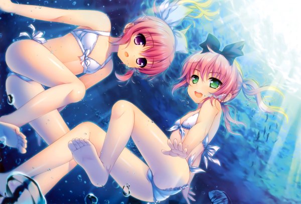 Anime picture 2800x1905 with original alpha (yukai na nakamatachi) long hair highres open mouth light erotic smile multiple girls green eyes pink hair pink eyes sunlight from below legs underwater girl bow 2 girls swimsuit hair bow