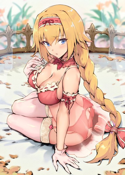 Anime picture 571x800 with fate (series) fate/grand order fate/apocrypha jeanne d'arc (fate) (all) jeanne d'arc (fate) haoni single long hair tall image looking at viewer blush fringe breasts open mouth blue eyes light erotic blonde hair hair between eyes sitting bare shoulders