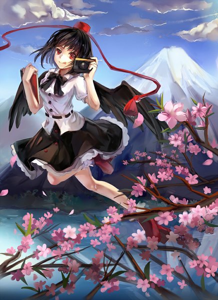 Anime picture 727x1000 with touhou shameimaru aya rifsom single tall image looking at viewer short hair black hair red eyes cloud (clouds) reflection flying black wings :q lake girl skirt flower (flowers) plant (plants) petals