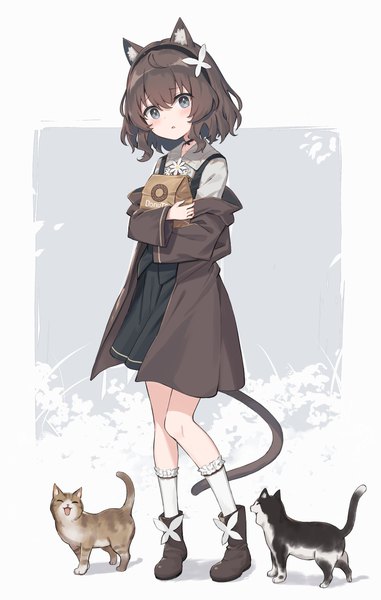 Anime-Bild 2601x4092 mit original satou (3366 s) single tall image looking at viewer blush fringe highres short hair open mouth hair between eyes brown hair standing white background holding animal ears full body tail animal tail cat ears
