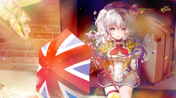 Anime picture 1920x1080 with kantai collection kashima training cruiser heco (mama) single long hair looking at viewer highres open mouth blue eyes wide image white hair flag print girl skirt ribbon (ribbons) miniskirt petals umbrella beret suitcase