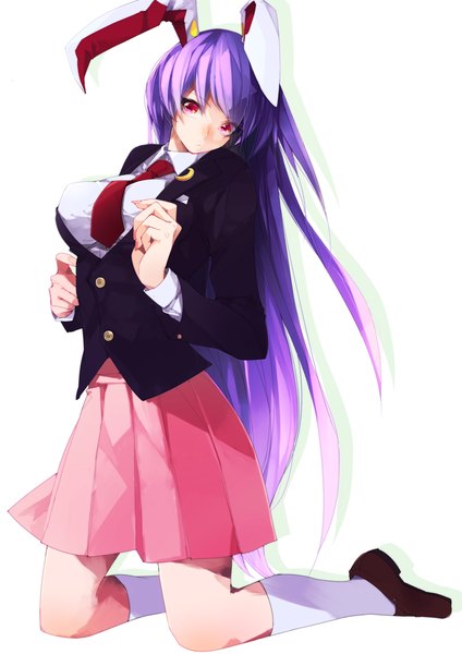 Anime picture 707x1000 with touhou reisen udongein inaba asuna (i luv) single tall image blush simple background white background animal ears looking away purple hair very long hair pleated skirt pink eyes bunny ears kneeling girl skirt socks white socks