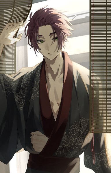 Anime picture 2479x3872 with blue lock itoshi sae ciao3030 single tall image highres short hair green eyes looking away purple hair upper body traditional clothes japanese clothes floral print boy kimono