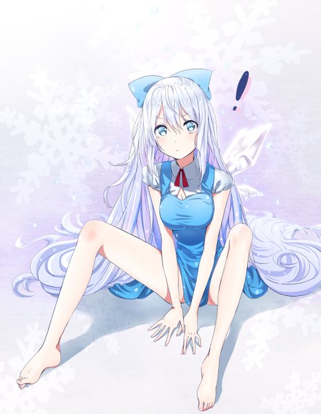 Anime picture 1000x1290 with touhou cirno yamada ranga single long hair tall image looking at viewer fringe breasts sitting silver hair barefoot aqua eyes :o alternate hairstyle alternate age alternate hair length ! girl bow