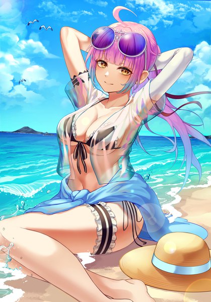 Anime picture 1500x2148 with original myung yi single long hair tall image looking at viewer blush fringe breasts light erotic smile large breasts sitting yellow eyes payot sky cleavage purple hair cloud (clouds) ahoge